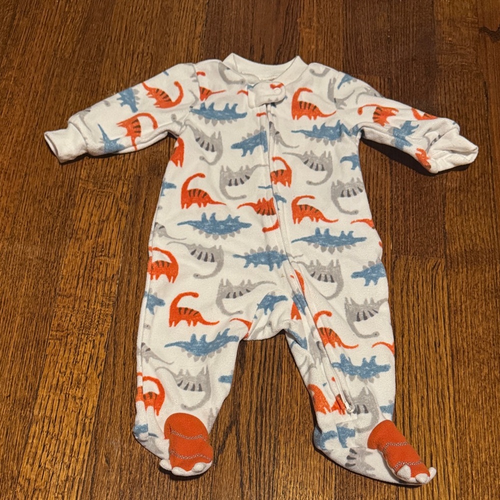 Child of Mine Dinosaur Print Footie - Orange, Blue, Gray